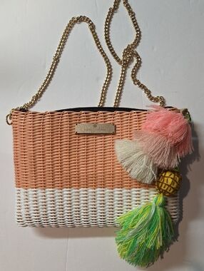 Peach & White Woven Crossbody with Multicolor Tassel